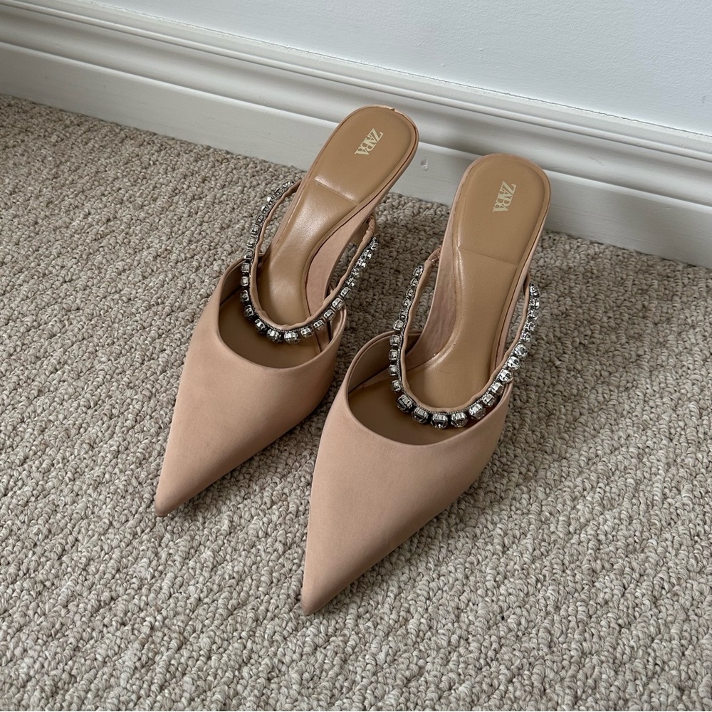 zara satin + rhinestone heeled mules